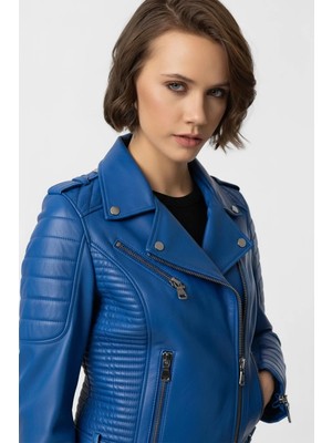 Deriderim Parlament Mavi Laney Biker Motorcu Kadın Fermuarlı Astarlı Dikişli Apoletli Kısa Hakiki Deri Ceket