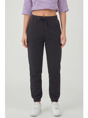 Defy's Kadın Lastikli Paça Cepli Regular Fit Jogger Eşofman Altı Antrasit Melanj