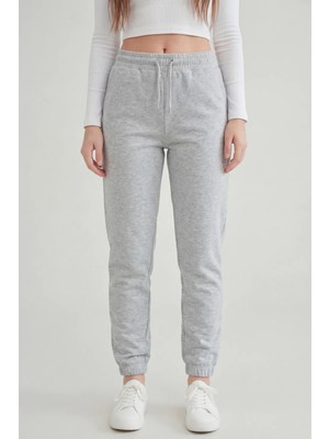 Defy's Kadın Lastikli Paça Cepli Regular Fit Jogger Eşofman Altı Gri Melanj