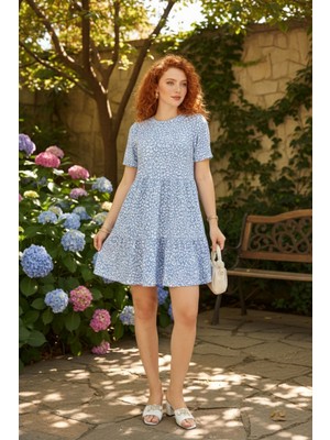 Lupinn Kadın Mavi Desenli Kısa Kollu Volanlı Rahat Kesim Günlük ve Şık Elbise – Kadın Elbise