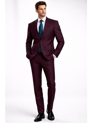 FABIO CASSEL Bordo Kareli Premium Erkek Takım Elbise – Slim Fit Özel Gün & Davet Takımı