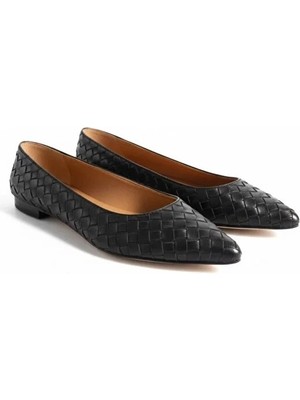 Ne&Ve Shoes Hakiki Deri Örgü Detaylı Kadın Sivri Burun Şık ve Rahat Babet
