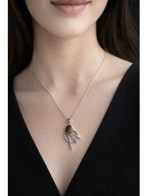 Miraç Gümüş Takı Atölyem 925 Ayar Gümüş Kaplan Gözü Doğal Taş Kolye