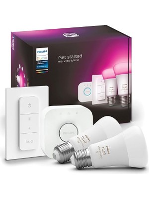 Hue Akıllı Aydınlatma LED Ampul Başlangıç Kiti, 2'li E27 Ampul , Köprü ve Dimmer Set, Beyaz ve Renkli