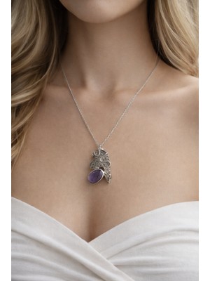 Miraç Gümüş Takı Atölyem 925 Ayar Gümüş Ametist Doğal Taş Kolye