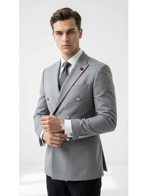 Plus Scorpion Slim Fit  Erkek Kruvaze Blazer Ceket – Silver Düğme Detaylı Premium Tasarım