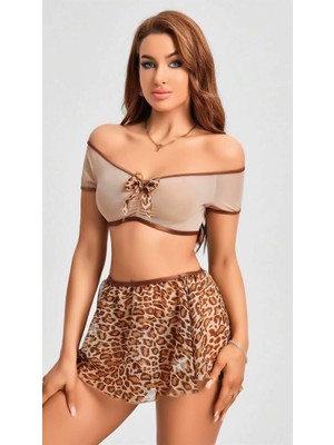 Aria's Closet Arias Closet Kalın Askılı Sütyen Leopar Desen Etekli Fantezi Gecelik