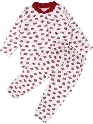 by BebekOdam Kız Çocuk Ekru Kırmızı Çilek Baskılı Çıtçıtlı Pijama Takımı