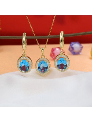 Tb Takı Boom Mavi Taşlı Kadın Takı Seti, Akuamarin Oval Kolye Küpe Seti, Gümüş Gold Kaplama
