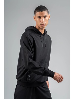 Maraton Oversize Erkek Kapüşonlu  Siyah Sweatshirt