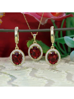 Tb Takı Boom Kırmızı Taşlı Kadın Takı Seti, Ruby Oval Kolye Küpe Seti, Gümüş Gold Kaplama