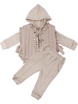 by BebekOdam Kız Bebek Bej Kapitoneli Fırfırlı Yelekli Kapşonlu Badili Üçlü Lüks Takım - 1016441