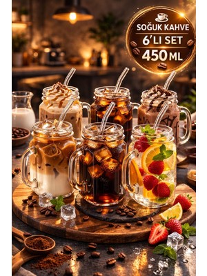 Open Home Concept 6’lı Kulplu Cam Bardak Seti 450 ML Pipet Hediyeli Kokteyl Soğuk Kahve Meşrubat Bardağı