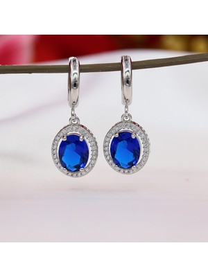 Tb Takı Boom Mavi Taşlı Sallantılı Kadın Küpe, Safir Taşlı Kadın Küpesi, Oval Gümüş Küpe, Rodyum Kaplama