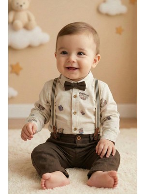 CATTAC Erkek Bebek ve Çocuk Kahve Araba Desenli Papyonlu ve Askılı 4'lü Takım (6-24 Ay)