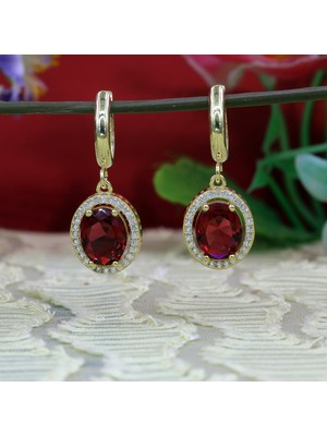 Tb Takı Boom Sallantılı Kırmızı Kadın Küpe, Yakut Taşlı Gümüş Küpe, Oval Küpe, Gold Kaplama