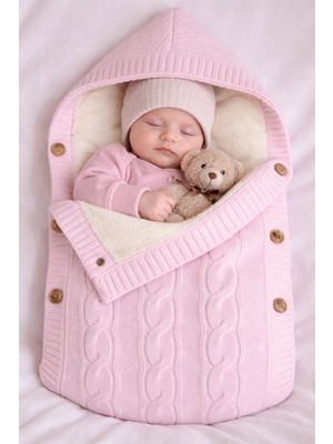 % 100 Organik Içi Polarlı Kapüşonlu Düğme Detaylı Triko Bebe Kundağı 75 x 40 cm