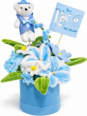 Waxera Yeni Doğan Bebek Hediyesi Mavi Şönil Ayıcık Çiçek Kutusu – Hoş Geldin Erkek Bebek Hastane Ziyareti Dekoratif Aranjman