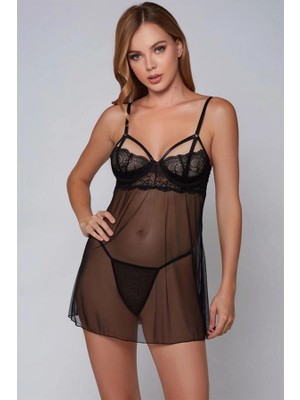 Aria's Closet Arias Closet Özel Tasarım Siyah Dantel Işlemeli Fantezi Tül Gecelik Takımı