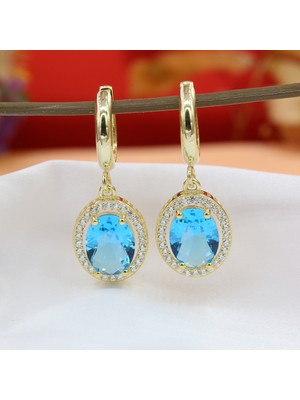 Tb Takı Boom, Mavi Taşlı Sallantılı Küpe, Akuamarin Taşlı Küpe, Oval Kadın Gümüş Küpe, Gold Kaplama
