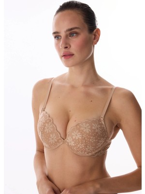 Penti Bej Super Push Up Dantelli Çiçekli Sütyen