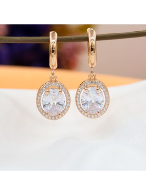 Tb Takı Boom, Zirkon Taşlı Kadın Küpe, Beyaz Taşlı Sallantılı Küpe, Oval Kadın Gümüş Küpe, Rose Gold Kaplama