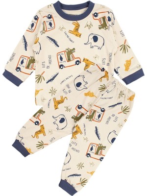 by BebekOdam Erkek Bebek Bej Laci Biyeli Hayvanlı Desenli Pijama Takımı - 1016591