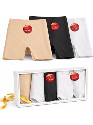 Dorya 3’lü Kadın Lazer Kesim Boxer Siyah Beyaz Ten Karışık Dikişsiz Yüksek Bel Esnek Külot