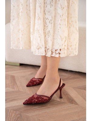 Laminta Mareka Işleme Detaylı Bordo Kadın Topuklu Ayakkabı