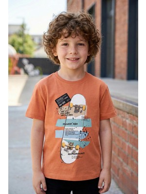 Eqru Erkek Çocuk Sunset Orange Kaykay Baskılı %100 Pamuklu Tişört - Normal Kalıp Urban Style