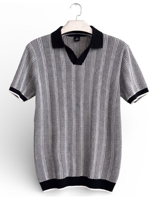 Zueofficial Erkek Siyah Beyaz Çizgili Triko Polo Yaka Tişört – Kısa Kollu, Şık & Günlük