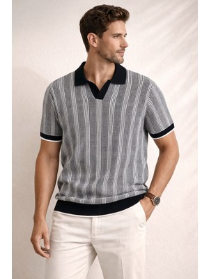 Zueofficial Erkek Siyah Beyaz Çizgili Triko Polo Yaka Tişört – Kısa Kollu, Şık & Günlük