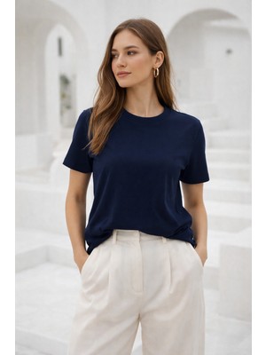 Rich Kadın Lacivert Yumuşak Dokulu Interlok Bisiklet Yaka Basic T-Shirt