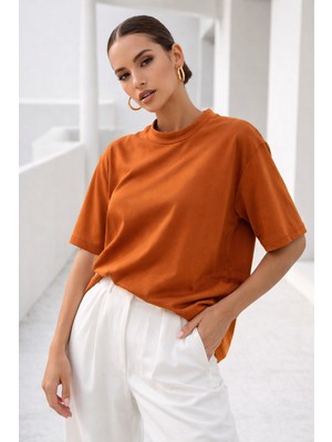Rich Kadın Turuncu Premium Modal Kumaş Oversize T-Shirt
