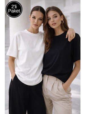 Rich Kadın Siyah-Beyaz 2'li Paket Premium Modal Kumaş Oversize Tişört