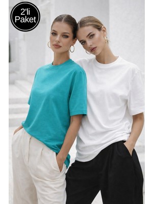 Rich Kadın Turkuaz-Beyaz 2'li Paket Premium Modal Kumaş Oversize Tişört