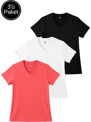 Rich Kadın 3'lü Paket Siyah-Beyaz-Pembe Yumuşak Dokulu Interlok V Yaka Tişört