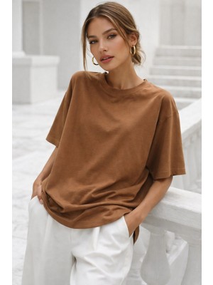 Rich Kadın Kahverengi Premium Modal Kumaş Oversize T-Shirt