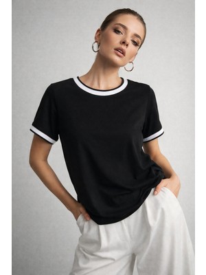 Rich Kadın Siyah Bisiklet Triko Yaka Kısa Kollu Basic T-Shirt