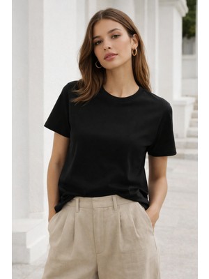 Rich Kadın Siyah Yumuşak Dokulu Interlock Bisiklet Yaka Basic T-Shirt