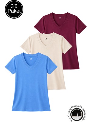Rich Kadın Vişne Çürüğü-Bej-Mavi 3'lü Paket Yırtmaçlı Viskon V Yaka  T-Shirt