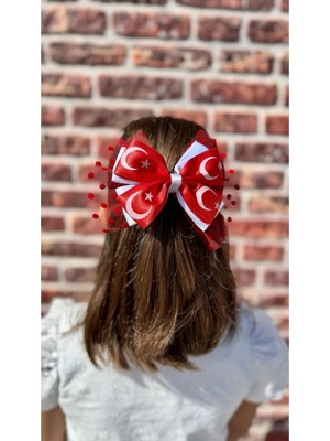 Kirpi Toka Kırmızı Tüllü Türk Bayraklı 23 Nisan 29 Ekim Kız Çocuk Klipsli Saten Saç Tokası 17 cm x 13 cm