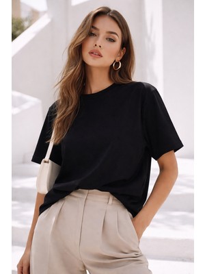 Rich Kadın Siyah Premium Modal Kumaş Oversize T-Shirt