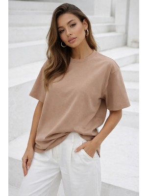 Rich Kadın Vizon Premium Modal Kumaş Oversize T-Shirt