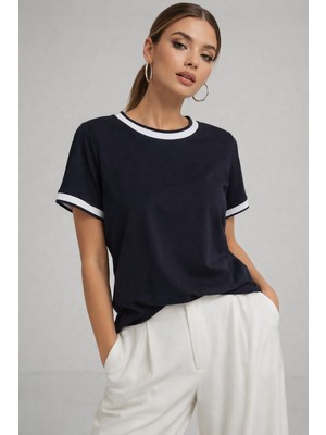 Rich Kadın Lacivert Bisiklet Triko Yaka Kısa Kollu Basic T-Shirt