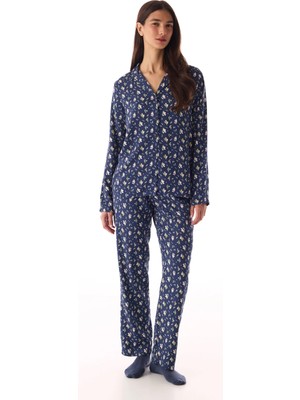 Penti Mavi Pretty Çiçek Gömlek Uzun Kollu Pijama Takımı