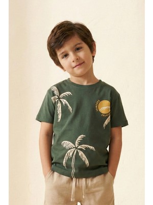 Eqru Unisex Çocuk %100 Pamuk Yeşil Tişört - Normal Kalıp Palmiye Baskılı Urban