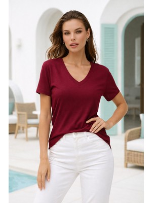 Rich Kadın Bordo Viskon V Yaka Basic Kısa Kollu Tişört