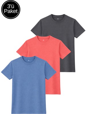 Rich Kadın 3'lü Paket Antrasit-Pembe-Mavi Yumuşak Dokulu Interlok Bisiklet Yaka Tişört