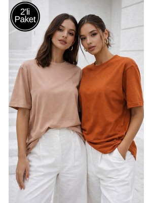 Rich Kadın Vizon-Kiremit 2'li Paket Premium Modal Kumaş Oversize Tişört